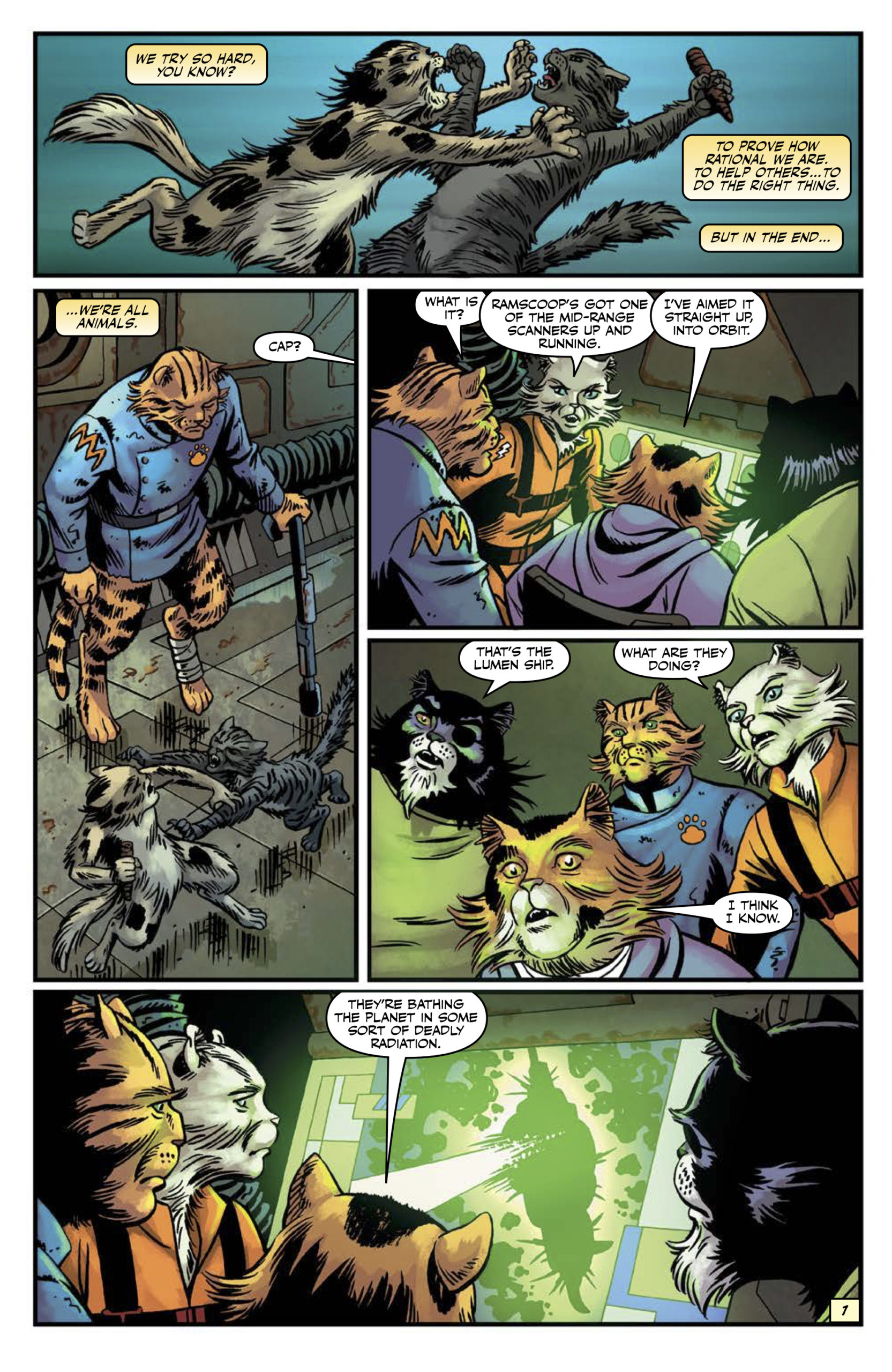 Captain Ginger and the crew watch a screen that alerts them about the Lumen threat in Captain Ginger: Dogworld #6. 