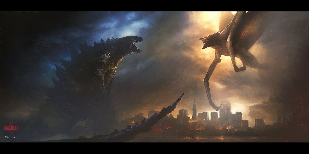 Godzilla mid-battle with the Muto.