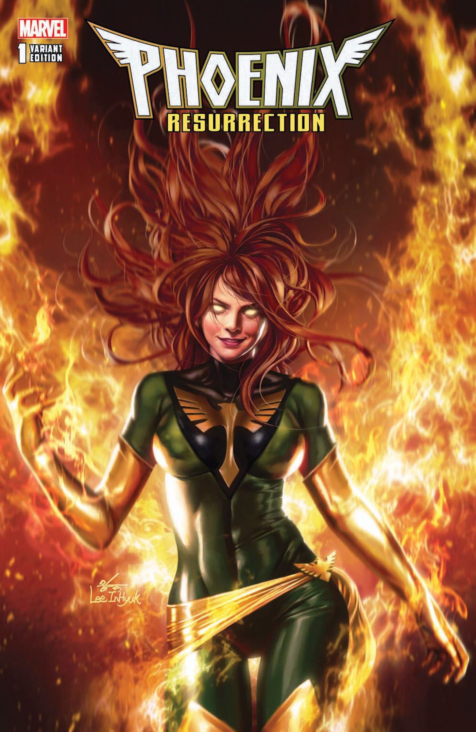 This image is the cover of Phoenix Resurrection Return Jean Grey #1 (2017),  where Jean Grey can be seen in a sexy outfit, leaving a trail of fire behind her. 