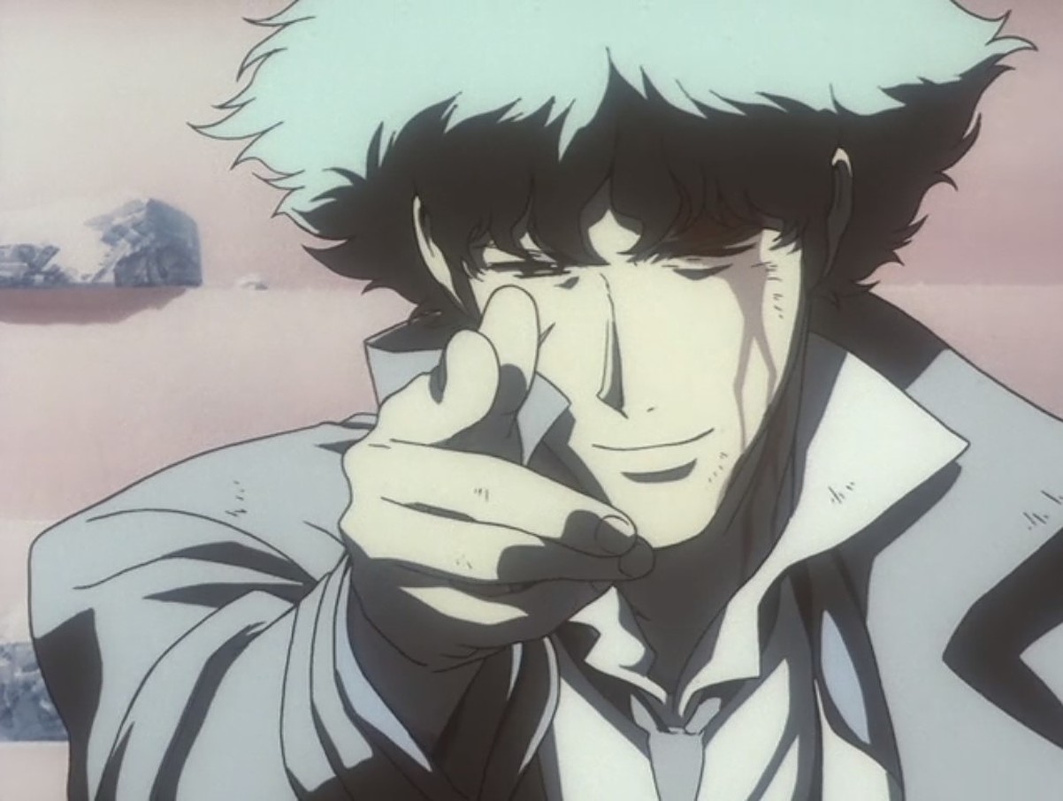 Spike Spiegel from Cowboy Bebop pointing his fingers like a gun.