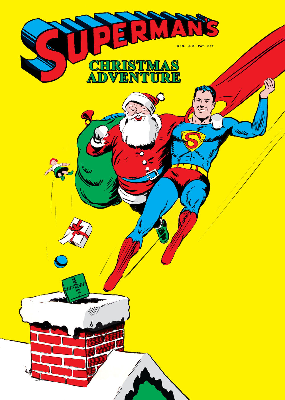 Superman flies toward a chimney holding Santa Claus who carries a bag of toys as they land.