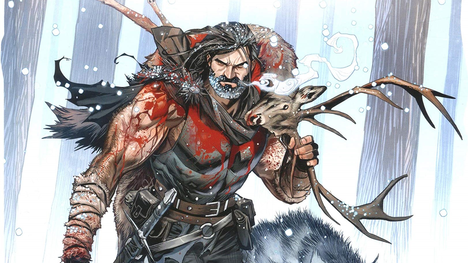 A bearded, blood-covered man, Klaus, carries a slain deer over his shoulder.