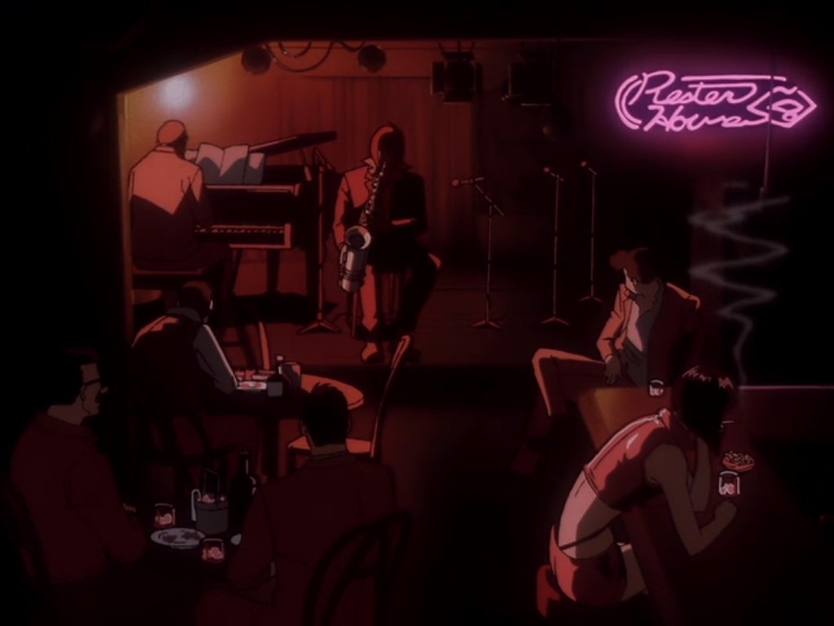 Faye Valentine from Cowboy Bebop listens to Gren play the saxophone.
