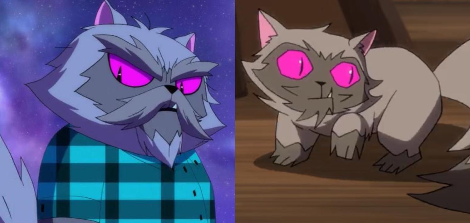 Cat mute Yumyan in anthropomorphic mute form, side by side with his appearance as a regular cat, after being "cured.