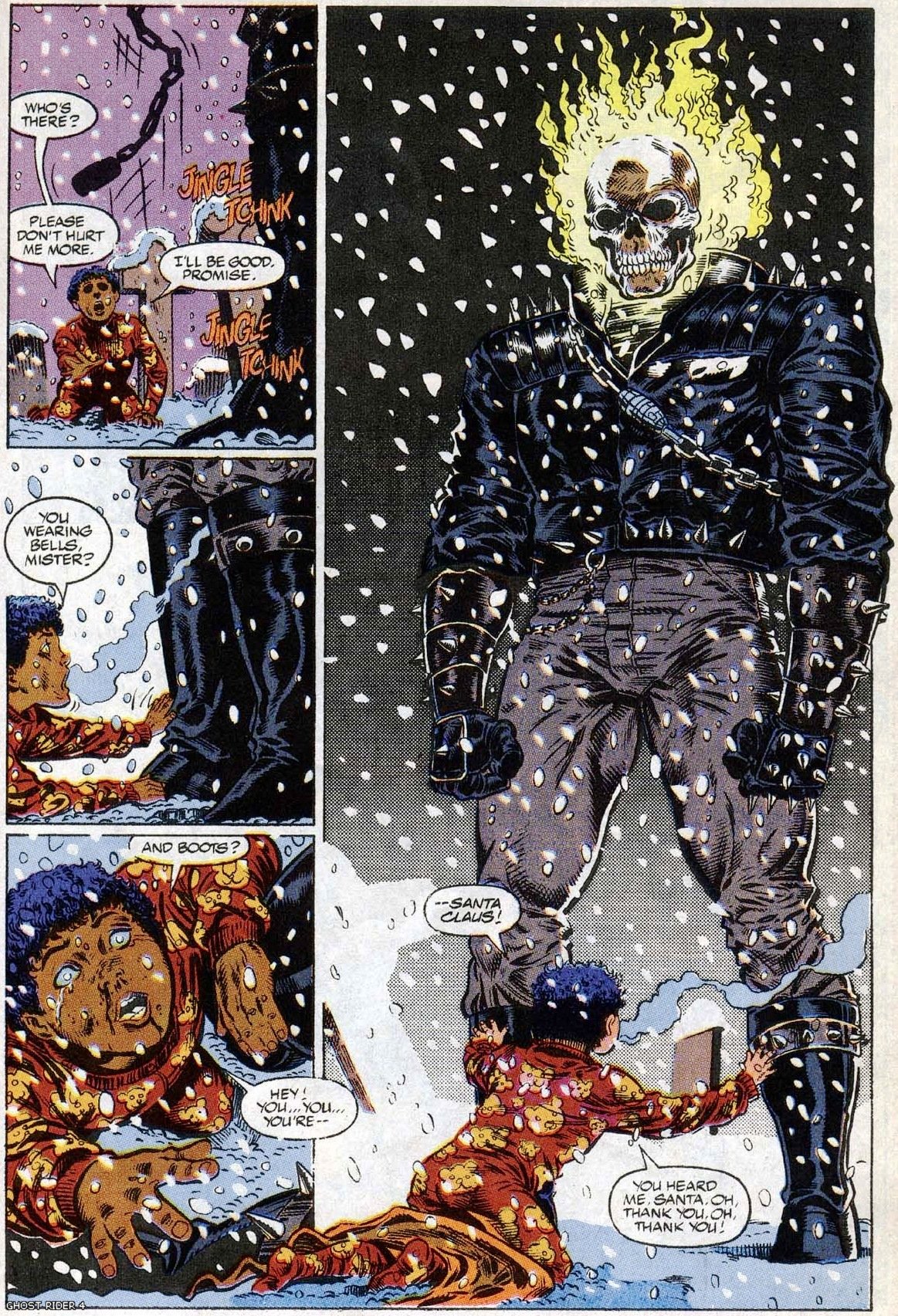 As snow falls, a blind boy mistakes Ghost Rider for Santa.