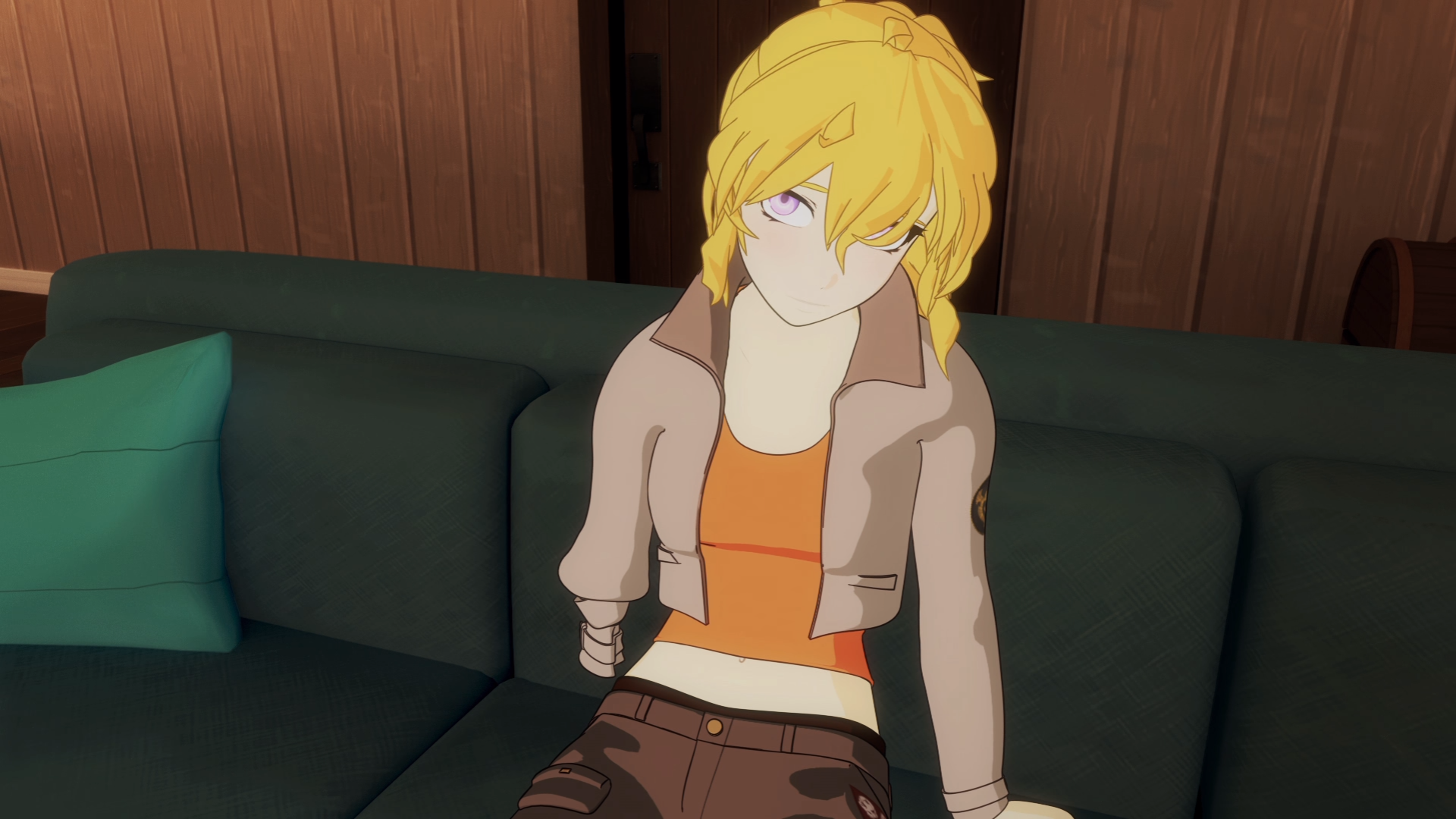 Yang sits in her father's house mourning the loss of her arm in the fourth volume of RWBY.
