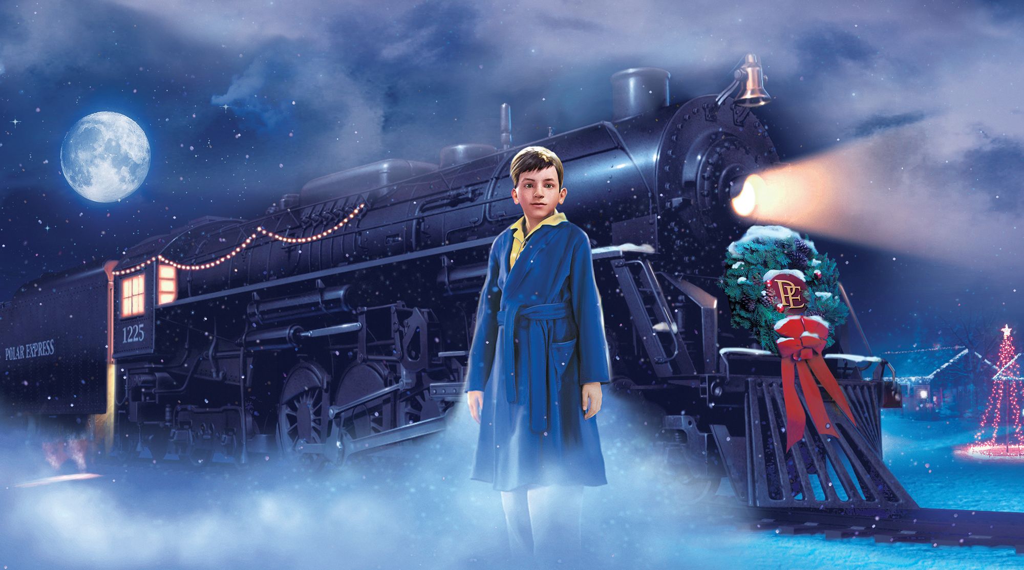 The main character of the movie stands in front of the polar express