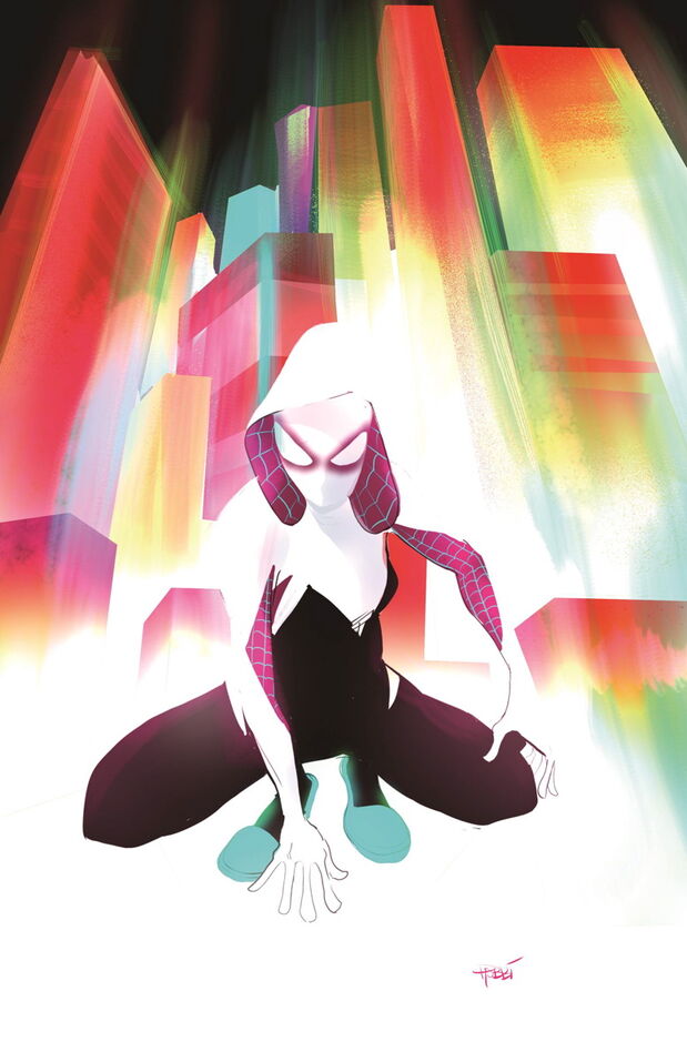 Spider-Gwen poses heroically in front of a strip of buildings in NYC in Spider-Gwen: Vol. 0!