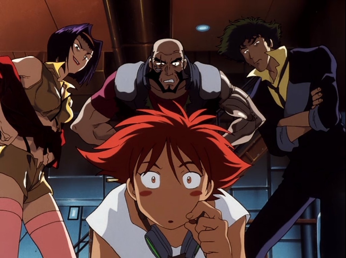 Faye, Jet, and Spike from Cowboy Bebop surround Ed.