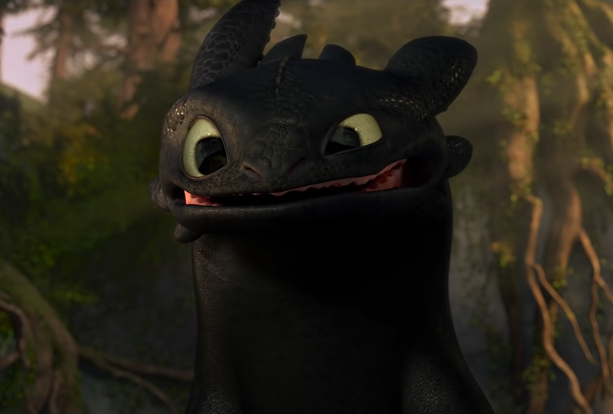 Toothless attempts to smile like Hiccup.