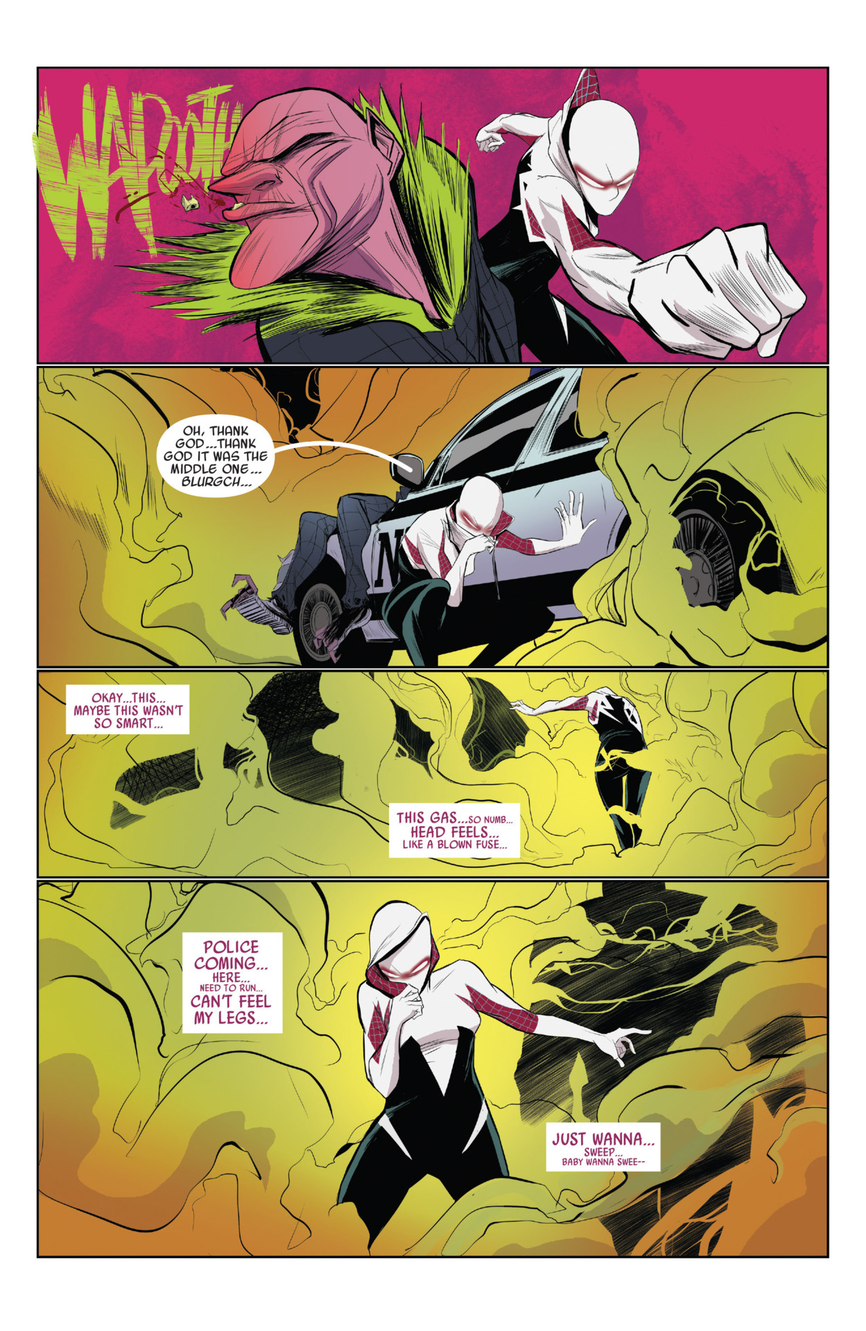 Vulture is defeated by Spider-Gwen amidst the dangerous fumes he was emitting - Spider-Gwen: Vol. 0