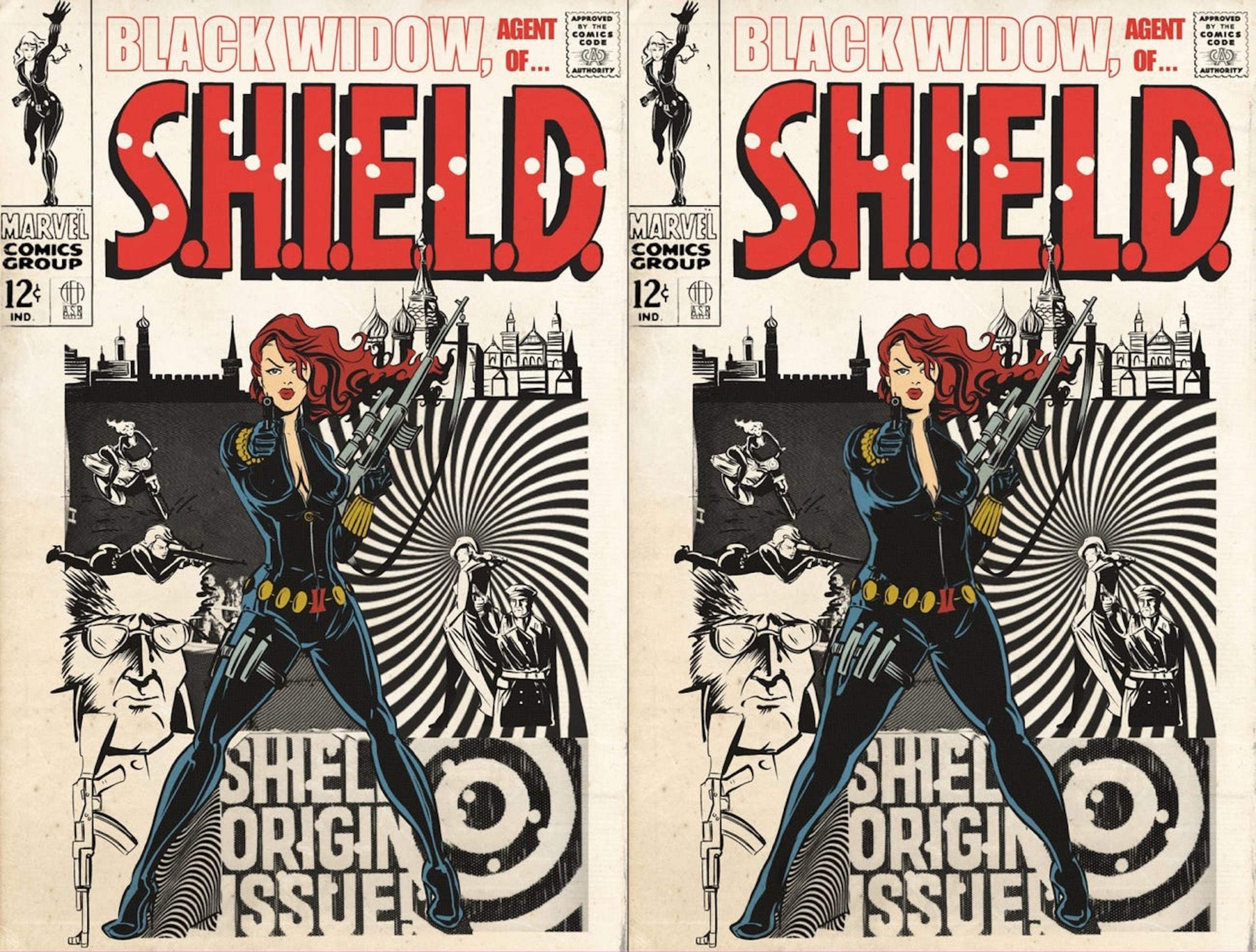 This image is an illustration of Black Widow on a comic book cover, showing an unrealistic body type versus a realistic body type. 