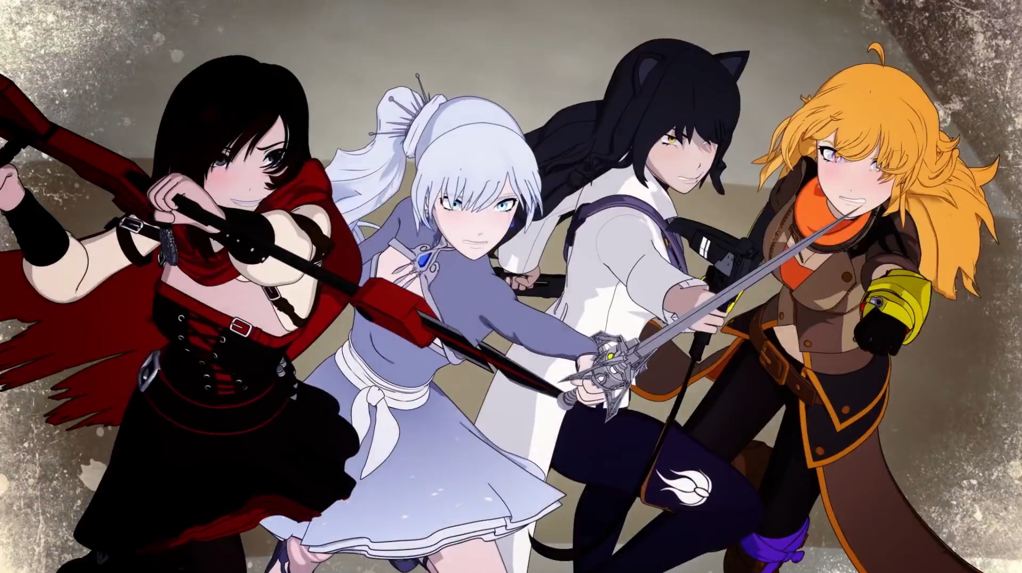 The four main characters of RWBY run toward battle: Ruby, Weiss, Blake, and Yang.