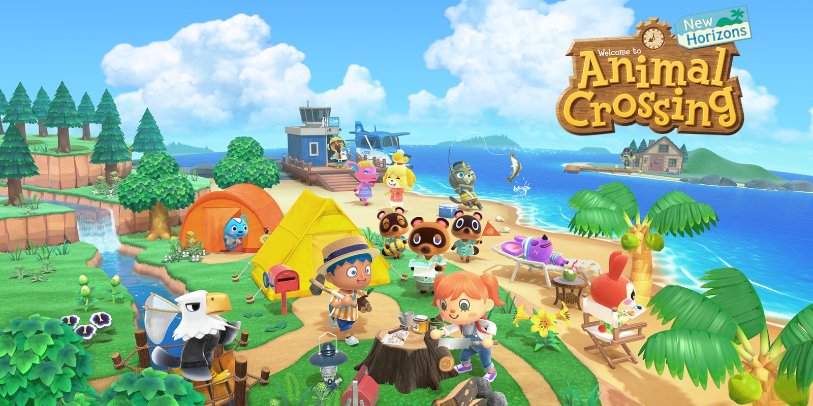 A promo for Animal Crossing: New Horizons, showing two humanoid characters and multiple anthropomorphic animal characters gathered on the grass.