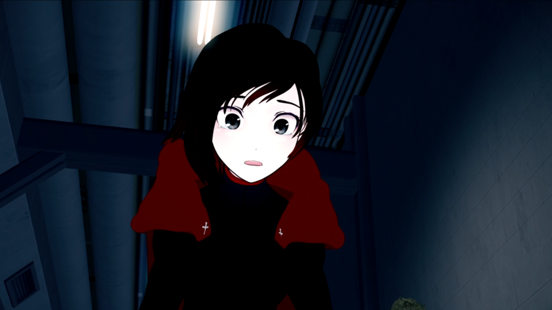 Ruby reels from seeing her best friend, Penny, die in the Vytal festival in Vol. 3, Episode 9 of RWBY.