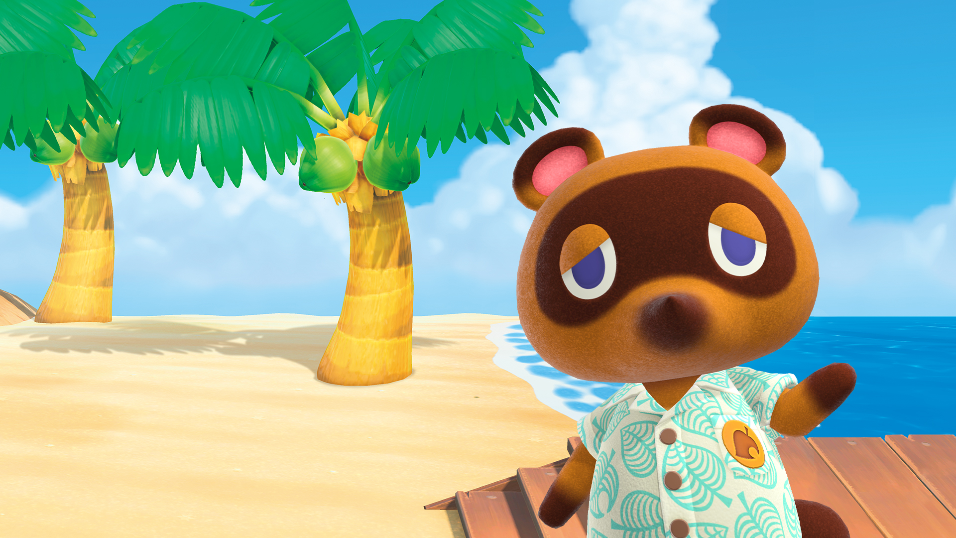 Tanuki Tom Nook from Animal Crossing stands on the beach, looking at the viewer with a hand uplifted.