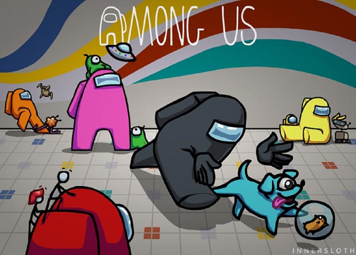Promo art for Among Us. Chaos unfolds as one of the player avatars pursues a one eyed dog that is chasing a hamster. Other crewmates look similarly occupied in the background.