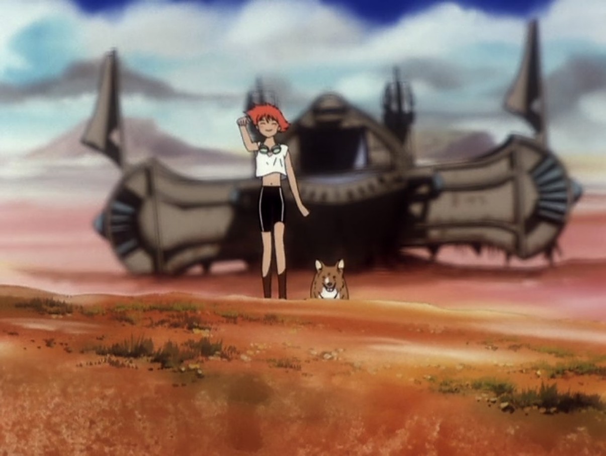 Ed and Ein from Cowboy Bebop walk through the desert with the Bebop behind them.