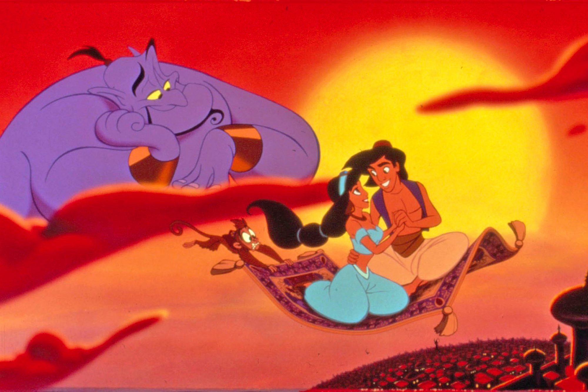 Aladdin and Jasmine take a ride on the magic carpet. The genie admires them from a nearby cloud.