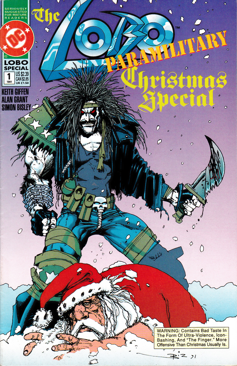 Lobo the alien bounty hunter stands holding a knife over a beat up Santa Claus.