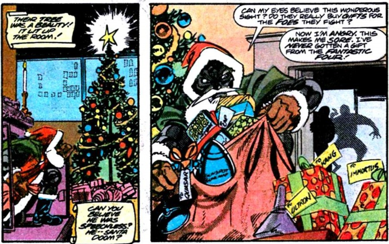 Doctor Doom is dressed as Santa as he puts gifts under a Christmas tree.