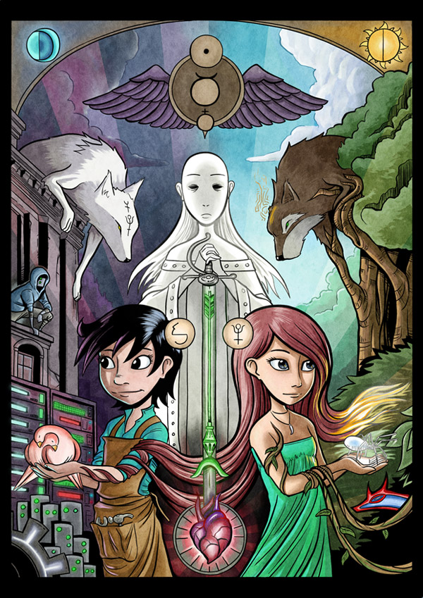 Antimony and Katarina stand facing away from one another, with various characters and elements from the series surrounding them. 