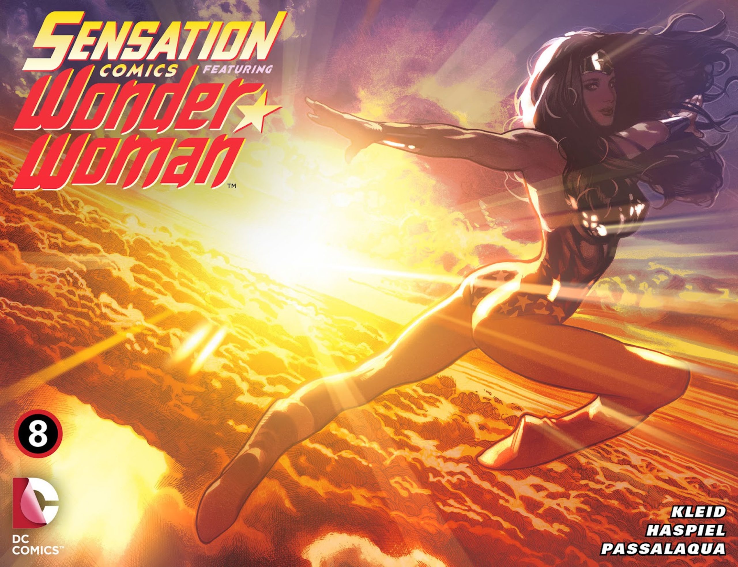 This image is the cover of Sensation Comics Featuring Wonder Woman #8 (2014-2015), where the superhero can be seen flying in an unrealistic stance, in a skin tight bodysuit. 