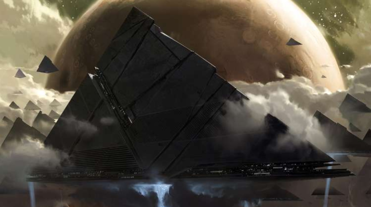 Concept art of The Darkness's pyramid shaped ships flying by a moon.