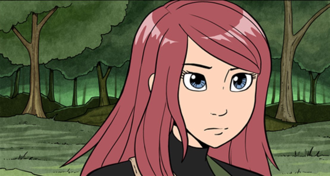 Antimony, as she appears in more recent chapters of Gunnerkrigg Court, looking determinedly at the camera with a forest in the backround. 