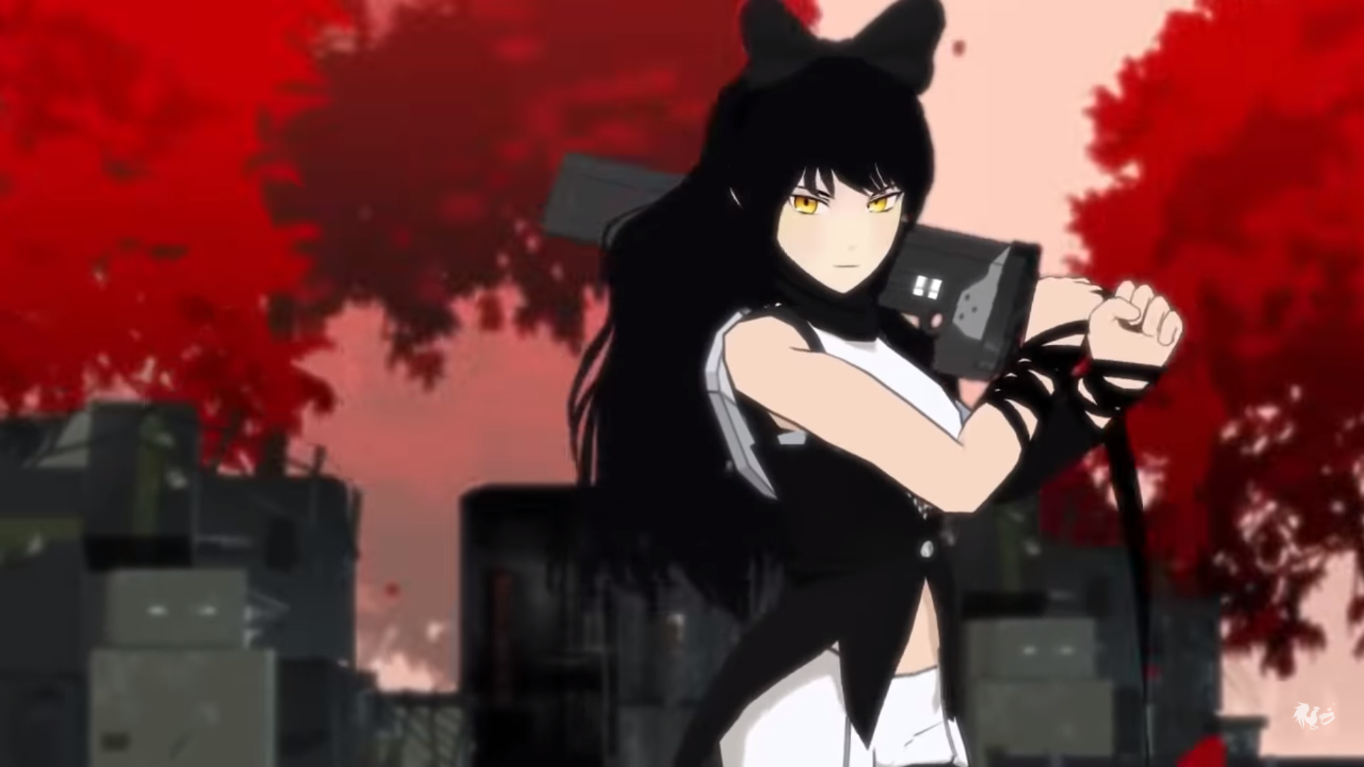 Blake cuts the cable of the train car, dividing her and Adam in RWBY's third trailer, "Black."