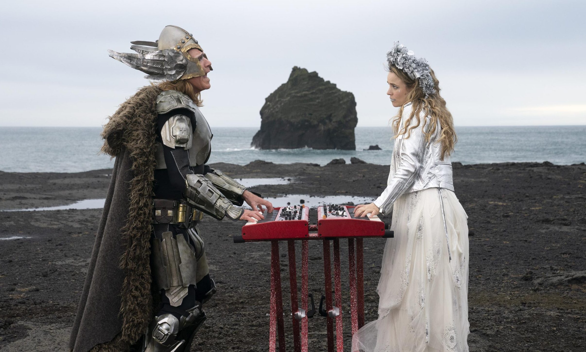 Will Ferrell and Rachel McAdams sing and play piano in front of the ocean in David Dobkin's comedy 'Eurovision Song Contest: The Story of Fire Saga', 2020. (Photo by Netflix)