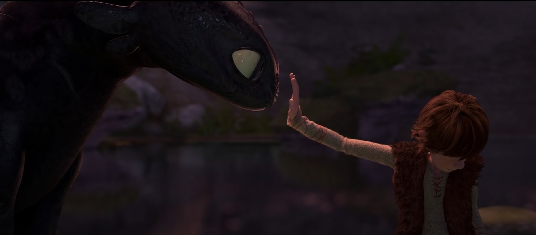 Hiccup turns his head and outstretches his arm, and Toothless considers pressing his nose against Hiccup's hand.