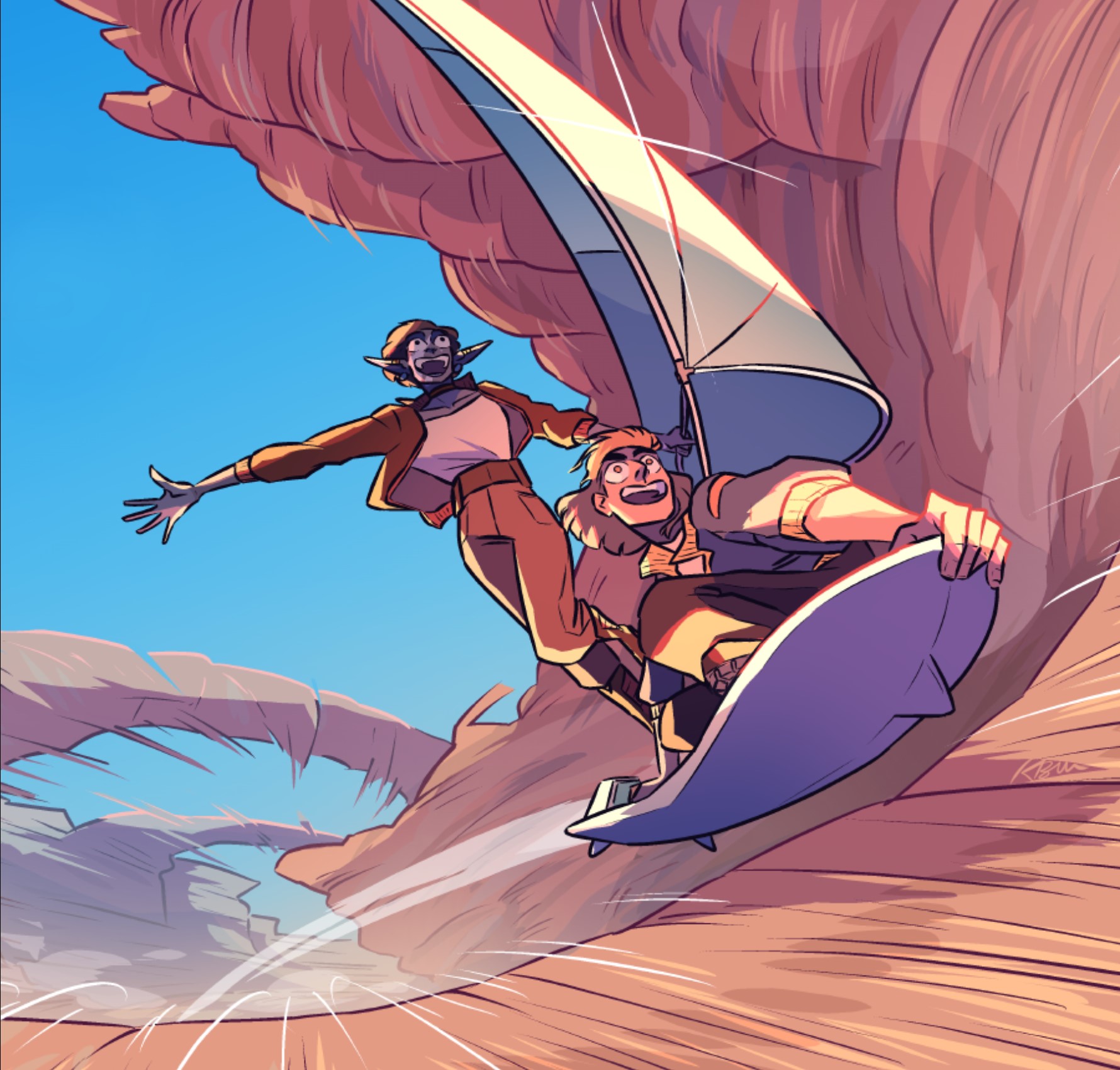 Art from fantasy webcomic Vainglorious, featuring Hammer and Von riding a sailing hoverboard.