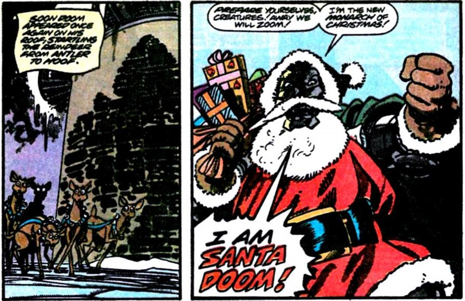 Doctor Doom dressed as Santa Claus exclaiming, "I AM SANTA DOOM!"