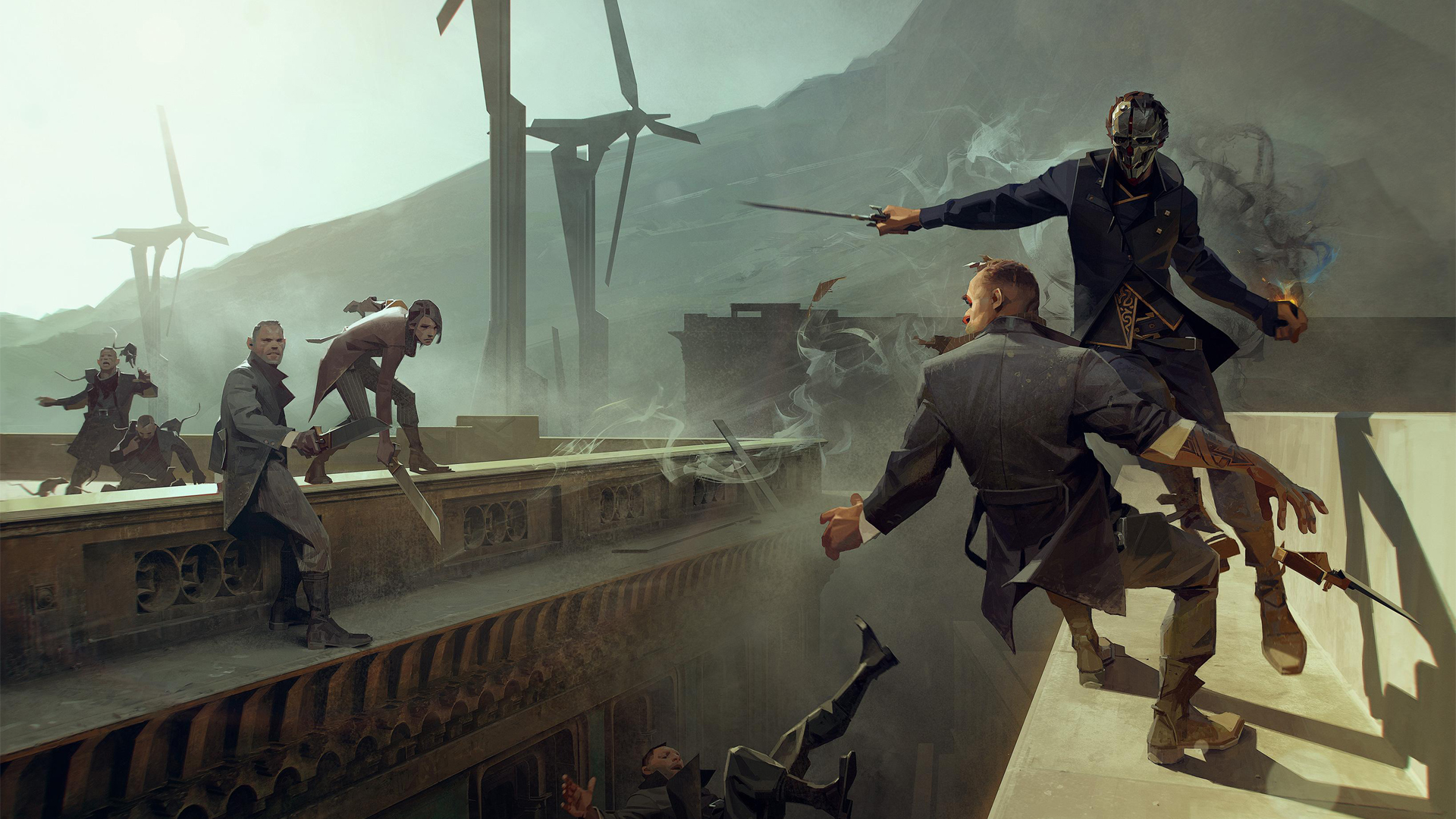 Official artwork of "Dishonored 2." It features Corvo on some rooftops in combat. He is mid-jump, slicing a man across as those on an opposite building look on in shock. Corvo is surrounded by strange, smoky wisps.