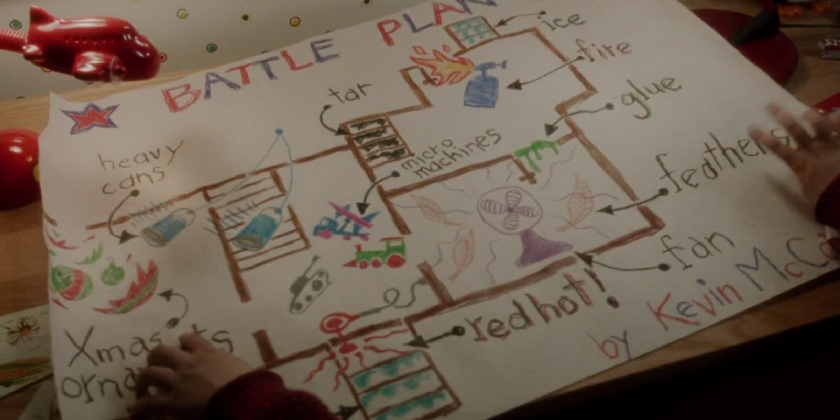 Kevin's hand-drawn "battle plan," which describes the traps he will setup in his house for defense. It is drawn in crayons, colored pencils, and/or markers. 