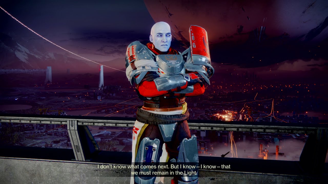 Zavala stands in his normal place in game, overlooking a vast city and the Traveler.