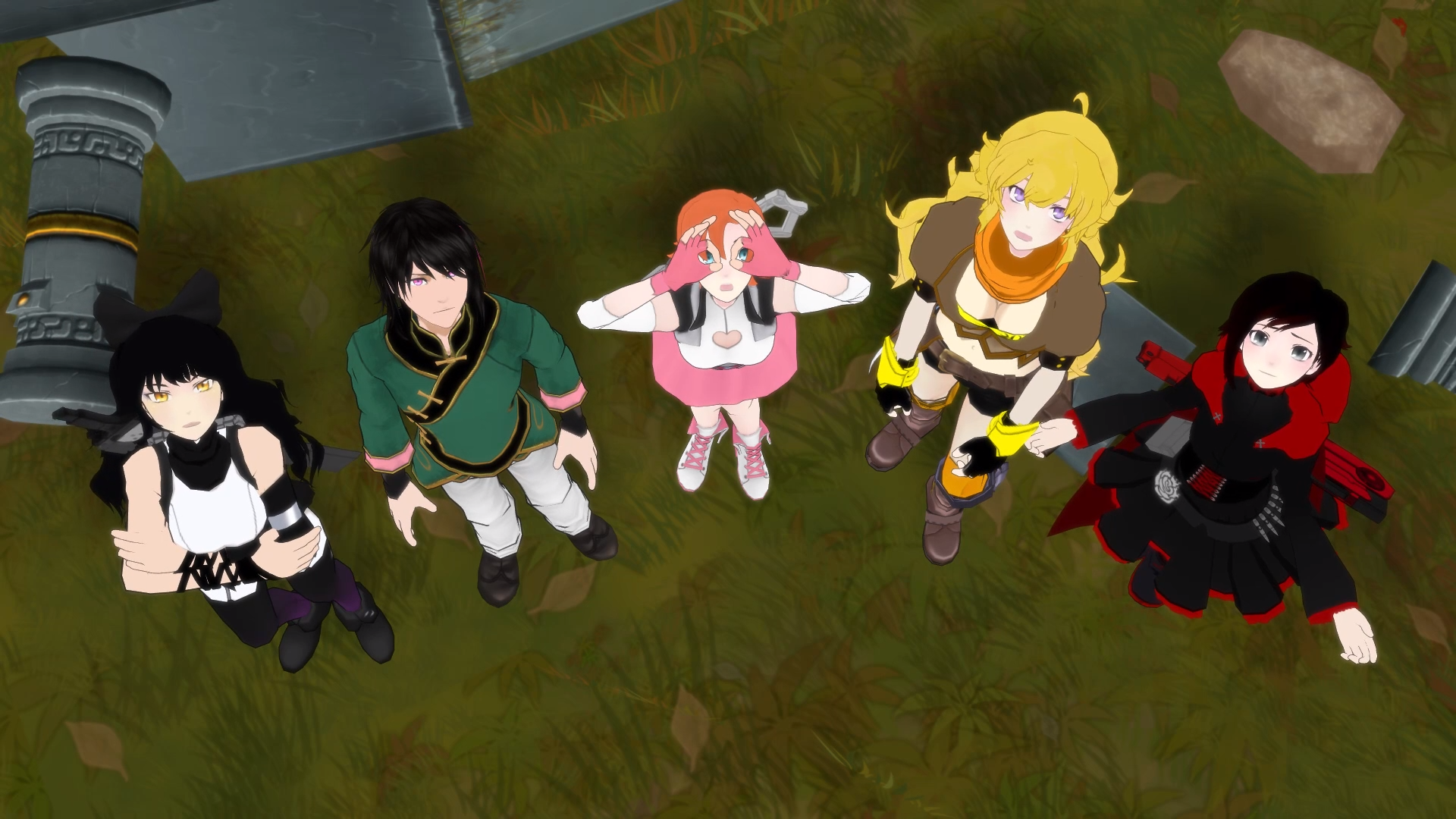 Five of the main characters in RWBY stare at the something in the sky. From left to right: Blake, Ren, Nora, Yang, and Ruby.