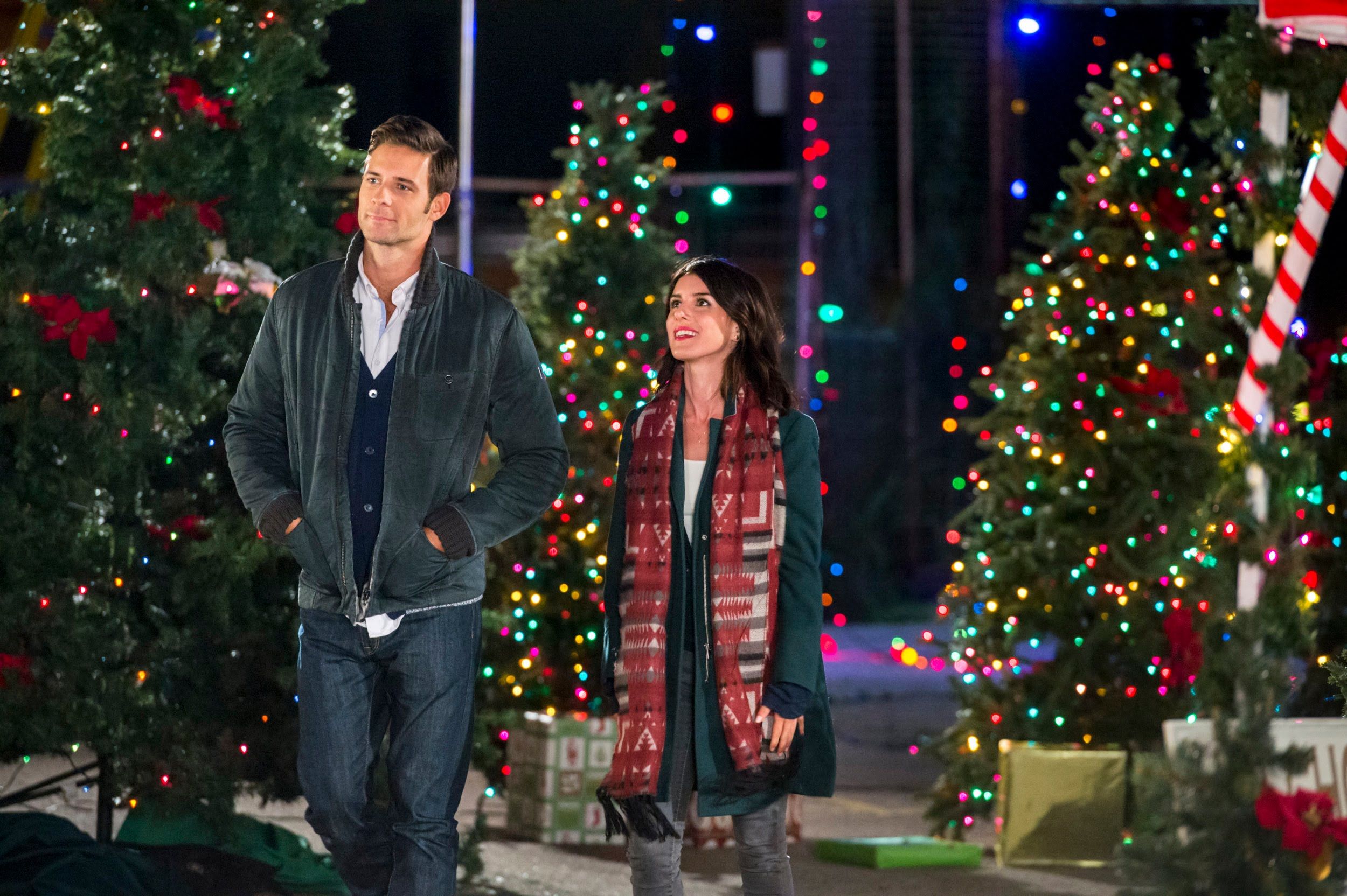 The main couple walks through an outdoor decorated Christmas tree farm.