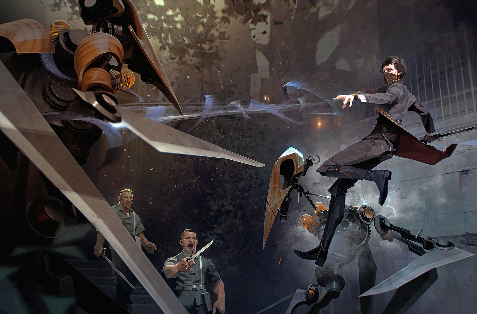 Official artwork of "Dishonored 2." Emily can be seen mid-leap, fighting a pair of clockwork soldiers. The clockwork soldiers have heads reminiscent of bird skulls and many bladed appendages. There are two human soldiers in the background. Emily has strange wisps shooting from her outstretched fingertips.