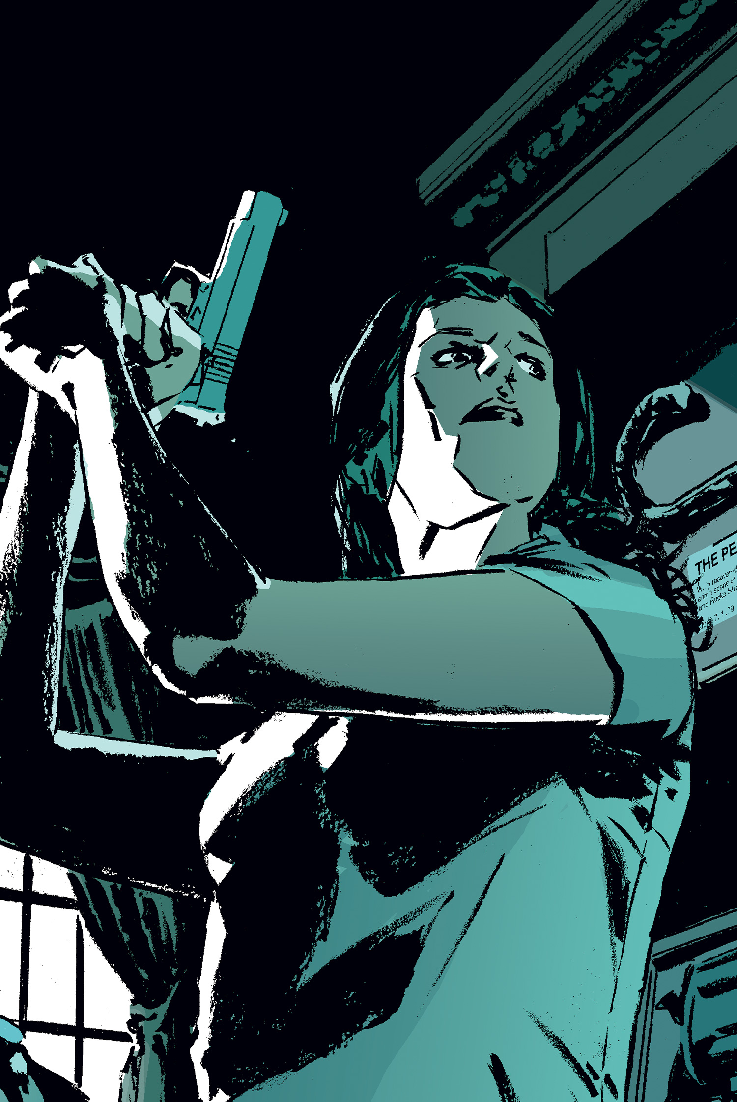 Renee Montoya stands with her back up against a wall, gun out in a defensive position. Art by Michael Lark. 