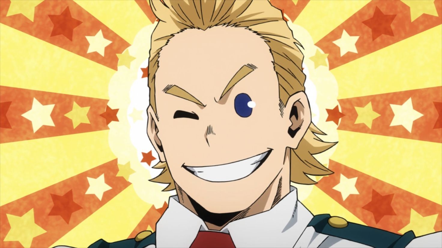 Mirio Togata from My Hero Academia being optimistic about the future as he greets everyone with a kind smile. 