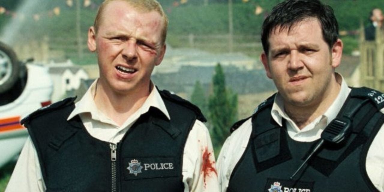 Simon Pegg (left) and Nick Frost (right) as Sargeant Nicholas Angel and Danny Butterman in Hot Fuzz