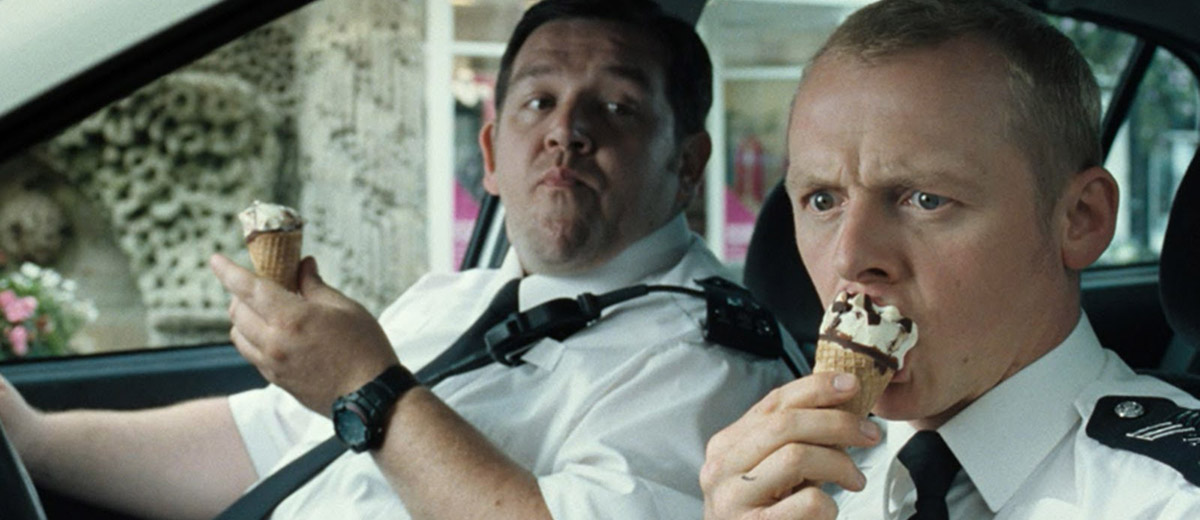 Simon Pegg (front) and Nick Frost (back) in Hot Fuzz.