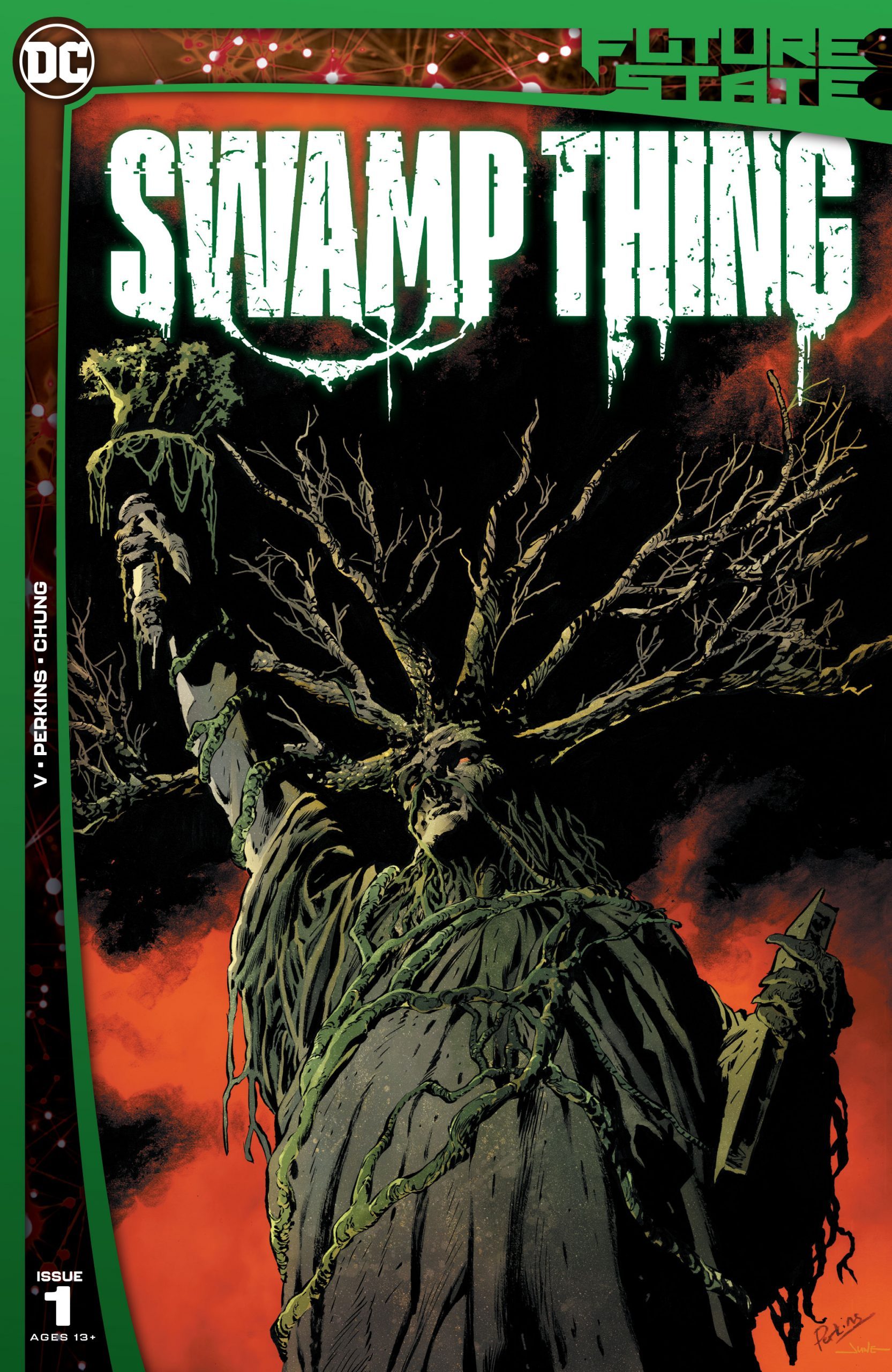 Swamp Thing has taken over the Statue of Liberty. His branches jut out of its crown and vines wrap its base. Cover art by Mike Perkins. 