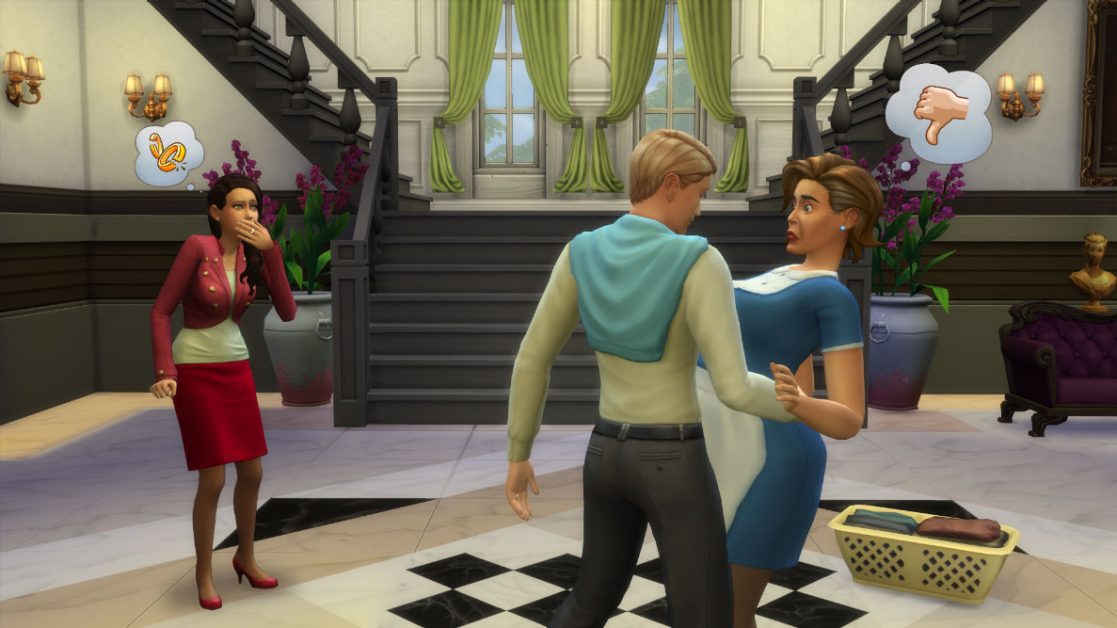 A Sim catching her husband cheating on her with their maid.