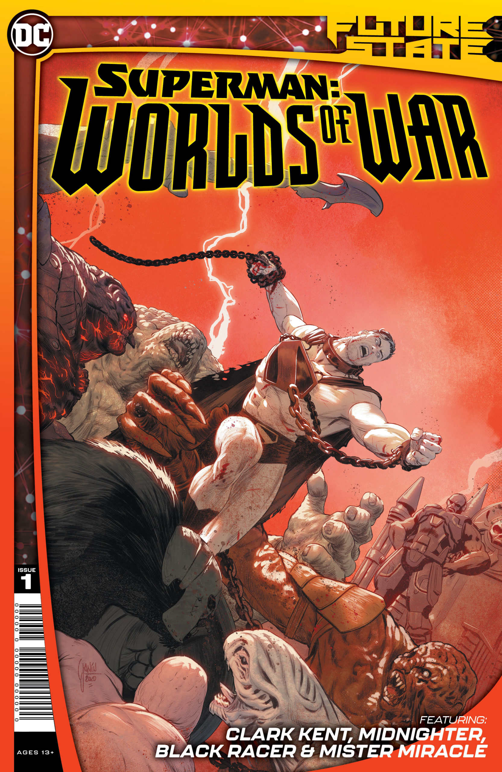Superman, chained at the wrists, struggles against a horde of monstrous creatures. Cover art by Mikel Janin.