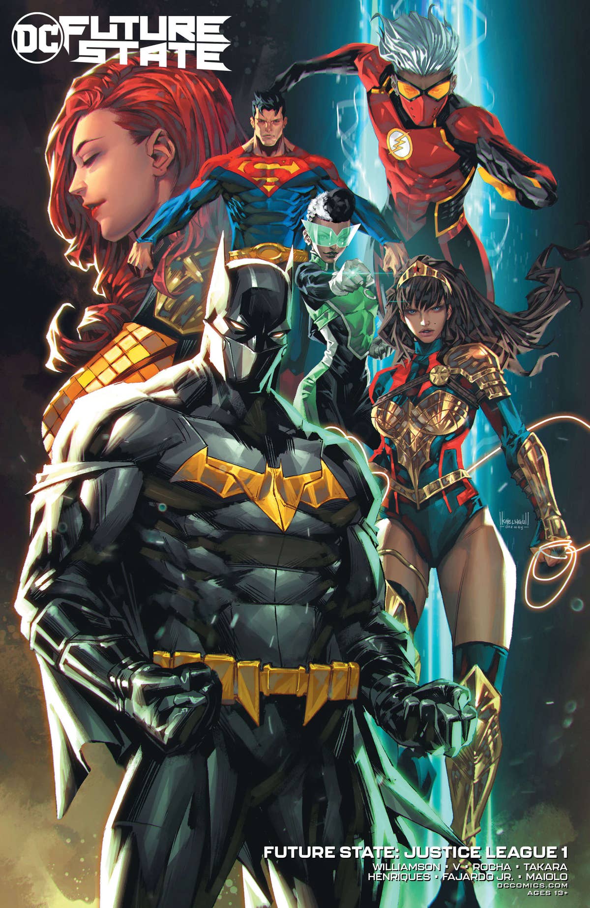 The Future State Justice League  each pose heroically on the first issue variant cover. Art by Kael Ngu.