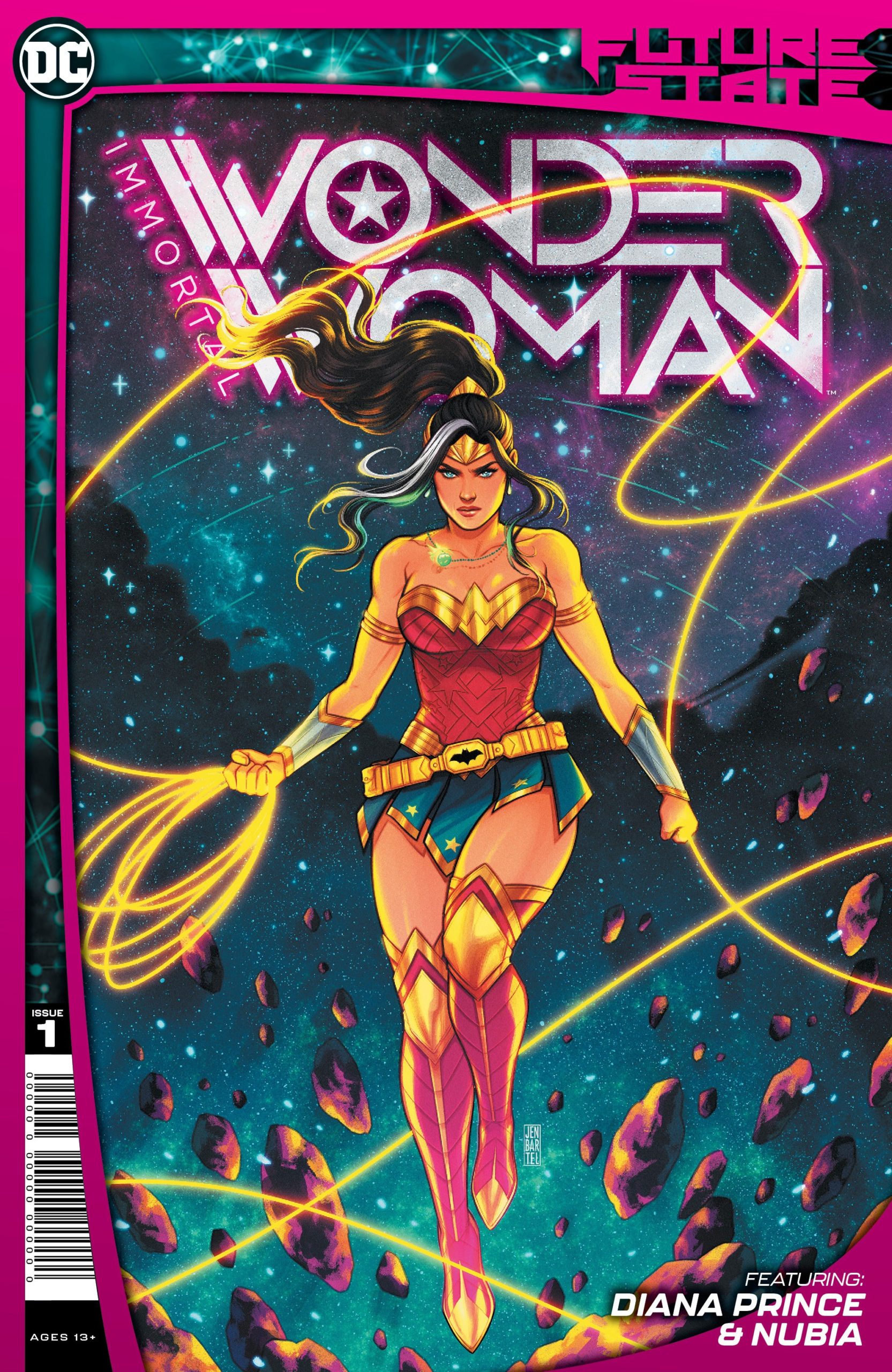 Diana Prince, Wonder Woman, wields her golden lasso as she floats in the cosmos. Cover art by Jen Bartel. 