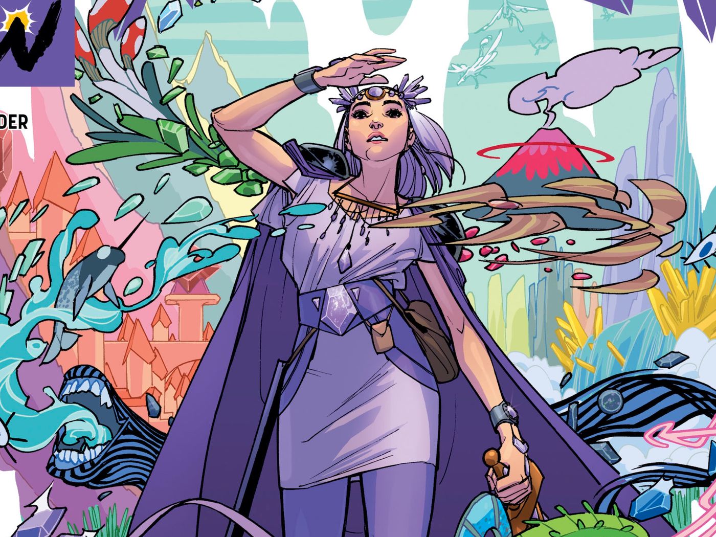 Amethyst shields her eyes with one hand to look out over the colorful Gemworld. She is dressed all in purple holding a sword in her other hand. Art by Amy Reeder. 